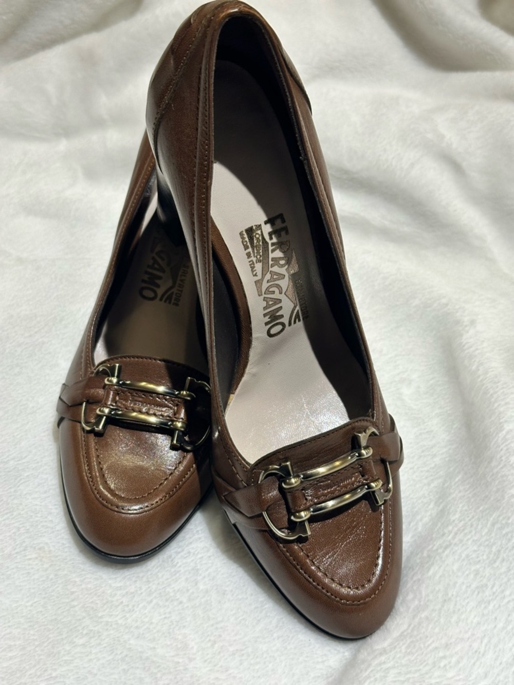 Salvatore Ferragamo Brown Leather Loafers with Gold Hardware